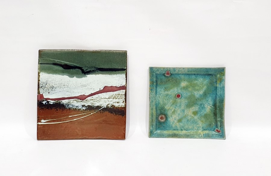 Studio stoneware square dish decorated abstract glazes in green, white and brown, 32cm x 31cm, a