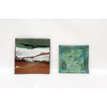 Studio stoneware square dish decorated abstract glazes in green, white and brown, 32cm x 31cm, a