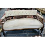 19th century mahogany framed sofa with cream ground button-back, cream upholstered seat, carved