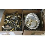 Two boxes of assorted electroplated items to include large quantity of mixed flatware and dishes,