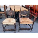 Set of six (4+2) 20th century oak framed dining chairs with rush seats, stretchered bases (6)