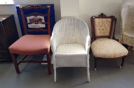 Three assorted dining chairs including a Lloyd Loom Lusty white sprayed bedroom chair, an early