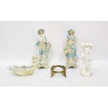 Tall pair tinted bisque figures of a rustic couple, East German Art Nouveau style porcelain receiver