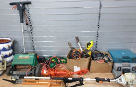 Collection of electric and other garden equipment including stihl long reach hedge trimmer, electric