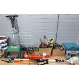 Collection of electric and other garden equipment including stihl long reach hedge trimmer, electric