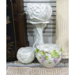 White and gilt decorated jardiniere on stand, the bowl formed as a flower (possibly a hydrangea) and