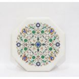 Indian stone inlaid alabaster hexagonal plaque/table top, scroll and stylised floral inlaid with