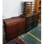 Steamer trunk, a hostess trolley, two filing cabinets and a brass inlaid Eastern style plate rack (