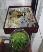 Quantity of Murano glass miniatures, various animals, ship in bottle, etc and a glass paperweight