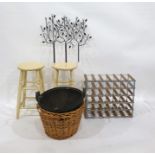Two cream stools, two baskets, a wine rack and a decorative metal sculpture (6)