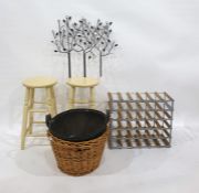 Two cream stools, two baskets, a wine rack and a decorative metal sculpture (6)