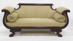 William Kent style carved mahogany scroll-end settee, the scroll arms in the form of fruit bearing