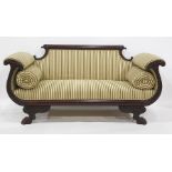 William Kent style carved mahogany scroll-end settee, the scroll arms in the form of fruit bearing