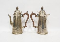 George V silver coffee pot and hot water jug, conical body, wooden handles, Birmingham 1936 by