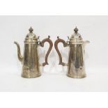 George V silver coffee pot and hot water jug, conical body, wooden handles, Birmingham 1936 by