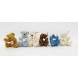 Set of six Steiff Club miniature bears, 1998 in blue, 1999 in brown, 2001 in white, 2002 in