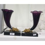 Pair Victorian amethyst glass cornucopia vases, ea