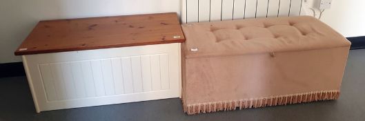 Pine topped blanket box with cream painted body and a pink upholstered ottoman (2)