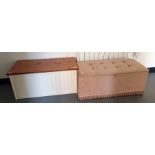 Pine topped blanket box with cream painted body and a pink upholstered ottoman (2)