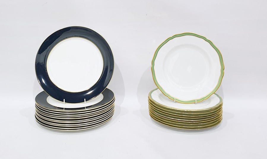 12 Royal Crown Derby porcelain dinner plates 'Cobalt Band' pattern, 30cm diameter and 10 Copeland
