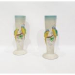 Pair of Clarice Cliff budgerigar applied tall pott