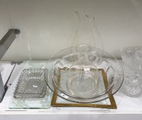 Large panel cut glass punchbowl with everted rim, U-shaped contemporary glass carafe, gilt