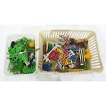 Two boxes of assorted plastic farmyard animals and toys