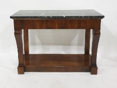 Biedermeier marble-topped side table, rectangular, on slightly scrolled front supports and having