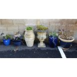 Six assorted garden planters including reconstituted stone urn type and other glazed examples (6)