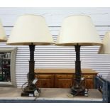 Pair brass table lamps, with turned and moulded columns, square bases