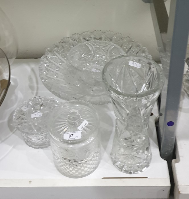 Large heavy cut glass bowl with broad rim and sundry cut glass (5)