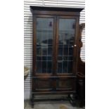 Early 20th century oak lead and glazed bookcase with cavetto moulded cornice above the two doors