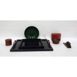Collection of Oriental black lacquered trays with red branch handles, a green and black mottled