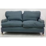 George Smith, Liverpool, blue weave three-seater settee, square-back with loose cushions and on