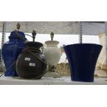 Two various ceramic table lamps and a dark blue Oriental style table lamp with a matching dark