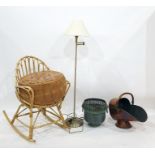 Modern standard lamp, a bamboo-framed chair, a copper coal bucket, three elm and stickback chairs, a