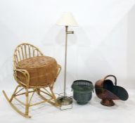 Modern standard lamp, a bamboo-framed chair, a copper coal bucket, three elm and stickback chairs, a