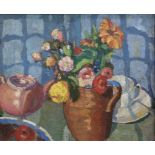Scottish Colourist style Oil on canvas  unattributed  Still Life - flowers in stoneware jug 28.5 x