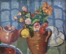 Scottish Colourist style Oil on canvas  unattributed  Still Life - flowers in stoneware jug 28.5 x