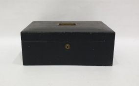 Leather correspondance box, brass carry handle set into the lid, blind rules and initials JC 1892,