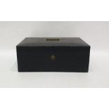 Leather correspondance box, brass carry handle set into the lid, blind rules and initials JC 1892,