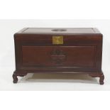 20th century Chinese camphorwood lined chest with carved shou symbol to the top and front, the whole