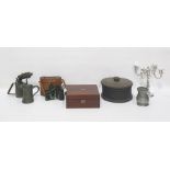 Mahogany writing slope, a vintage blow lamp, two pewter mugs, a pair of cased binoculars, a copper