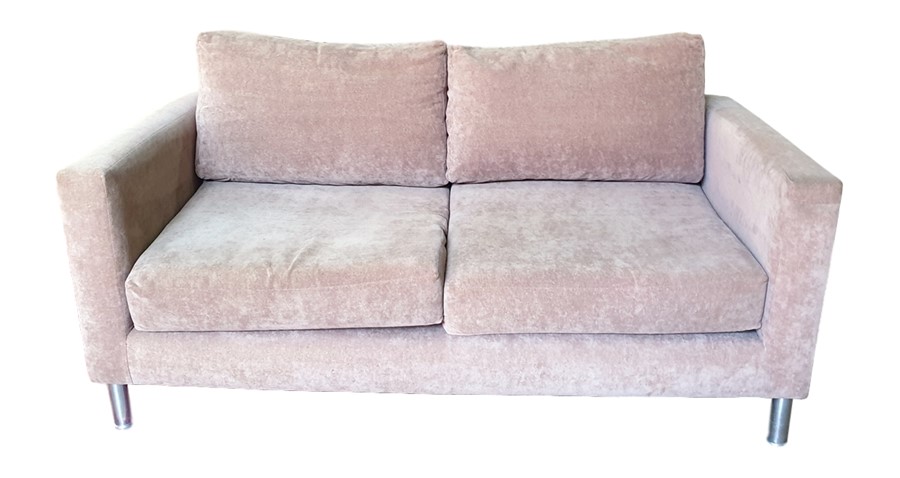 Modern two-seater sofa finished in brown upholstery