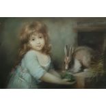 19th century school  Pastel drawing Young girl feeding rabbit, unsigned, 47cm x 67cm  Condition