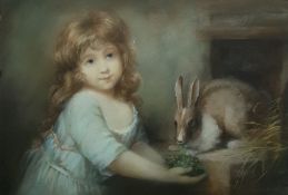 19th century school  Pastel drawing Young girl feeding rabbit, unsigned, 47cm x 67cm  Condition