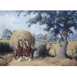 R Mosley Oil on canvas Farmhand with haycart and horses on wooded track, signed, 29 x 39 cms