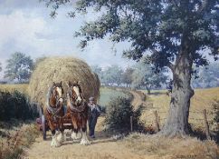 R Mosley Oil on canvas Farmhand with haycart and horses on wooded track, signed, 29 x 39 cms