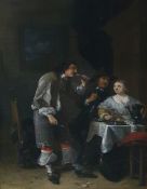 Unattributed Oil on panel Tavern scene with woman at table in conversation with two men , 26 x