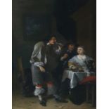 Unattributed Oil on panel Tavern scene with woman at table in conversation with two men , 26 x